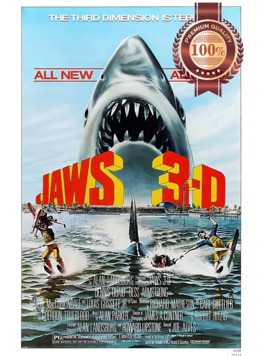 JAWS 3D 1983 80s SHARK MOUTH OUT OF WATER CHASING MOVIE PRINT PREMIUM POSTER