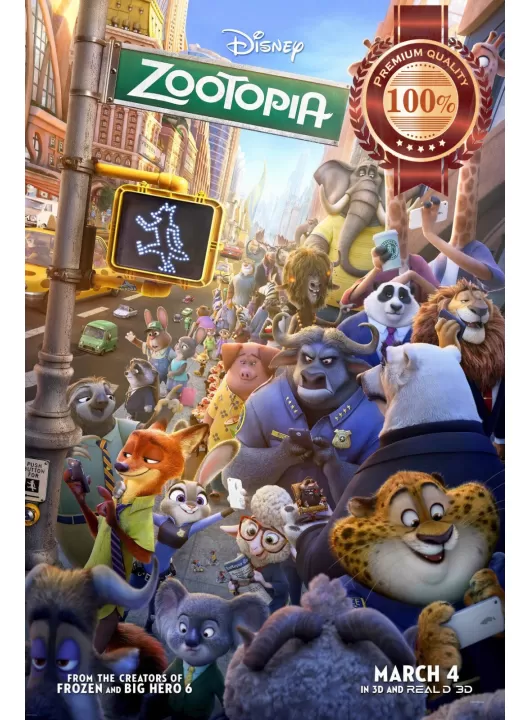 ZOOTOPIA 3D MOVIE CHARACTERS WALKING THROUGH CITY ART PRINT - PREMIUM POSTER