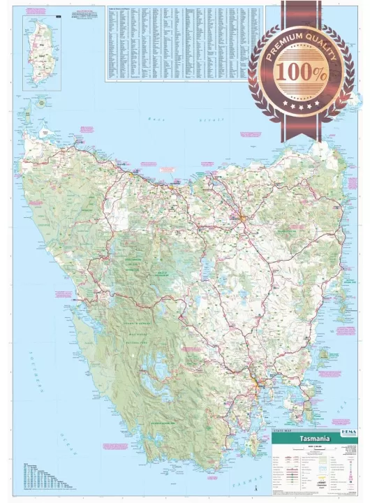 DETAILED TASMANIA STATE ROADS TAS AUSTRALIA MAP OF AUS WALL CHART PREMIUM POSTER