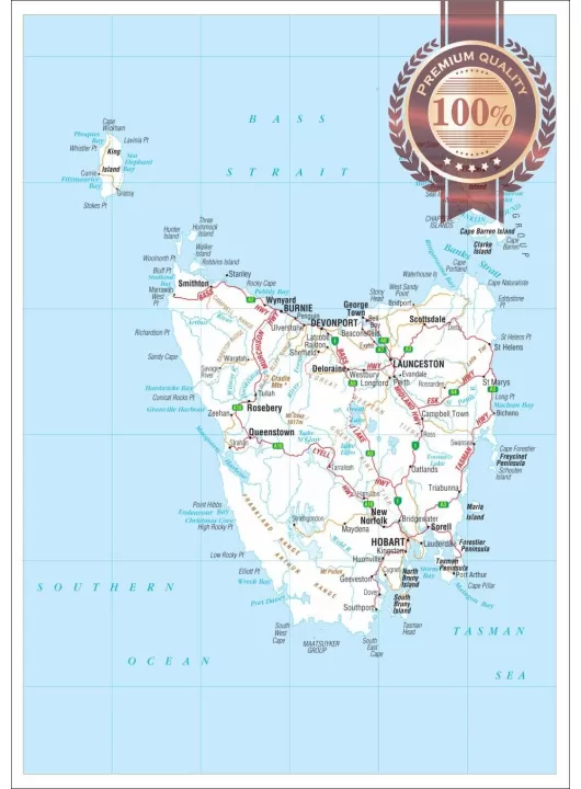 TASMANIA STATE ROADS TAS AUSTRALIA MAP OF AUS WALL CHART PRINT PREMIUM POSTER