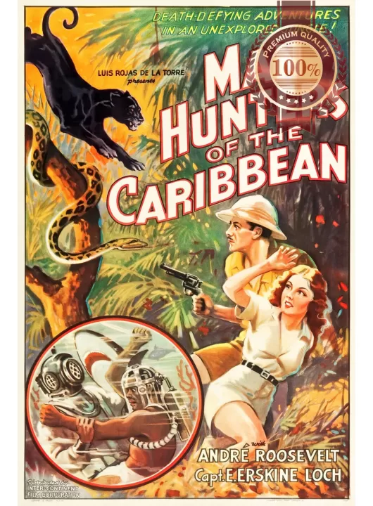 MAN HUNTERS OF THE CARIBBEAN 1936 30s ORIGINAL CINEMA MOVIE PRINT PREMIUM POSTER